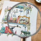 Postcard featuring my original watercolor and ink illustration of the oddities, books, tools, and trinkets tucked away in the shelves of a swamp witch, including an assortment of creatures brewing up a potion, and an alligator skull holding a crystal ball.
