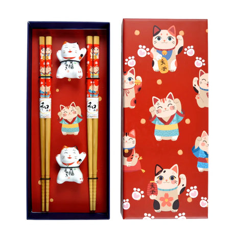 Lucky Cat Neko 2 Pair Chopsticks and Chopsticks Rests

This adorable box set includes 2 sets of matching chopsticks and chopstick rests.&nbsp;

Size: 9 inch chopsticks, 2.25 inches W chopsticks rest
Material: Bamboo and Ceramic
Origin: China