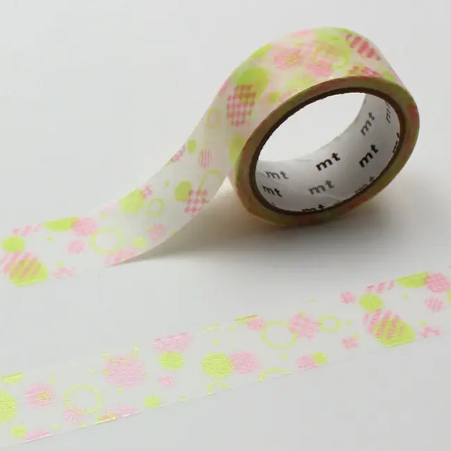 mt is the original washi masking tape, made in Japan by Kamoi Kakoshi. mt is colourful tape which is easy to tear by hand and reposition on nearly any surface. Write on it, layer it, and use it on paper, gifts, objects or the wall (mt won't damage paint - why not make a tape collage?) mt washi masking tape is now sold throughout the world in hundreds of colours and patterns.

Enjoy mt as a part of your daily life, adding a little colour everywhere.

All tapes are 15mm x 7m (0.6"X23')