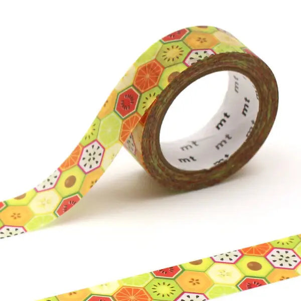 MT ex Washi Tape - Hexagon Fruits

mt is the original washi masking tape, made in Japan by Kamoi Kakoshi. mt is colourful tape which is easy to tear by hand and reposition on nearly any surface. Write on it, layer it, and use it on paper, gifts, objects or the wall (mt won't damage paint - why not make a tape collage?) mt washi masking tape is now sold throughout the world in hundreds of colours and patterns.

Enjoy mt as a part of your daily life, adding a little colour everywhere.

All tapes are 15mm x 7m