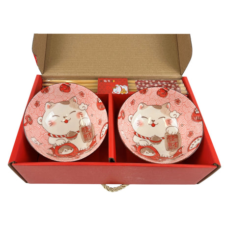 This adorable box set includes 2 bowls and chopsticks.

Bowl Size: 4.5" Dia x 2.75"H Chopsticks 9"L
Material: Bamboo and Ceramic
Microwave and Dishwasher Safe Bowl
Origin: China