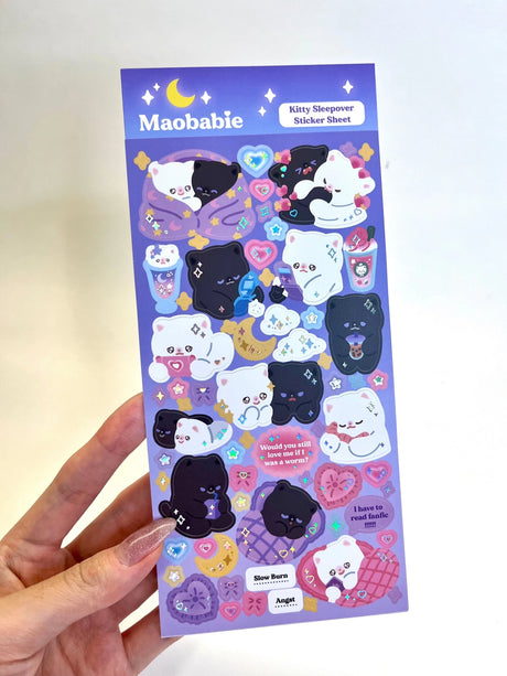 As Maobabie, we present our Sticker Sheet -Kitty Sleepover, crafted with love by our indie artist, Jennie. Printed on matte vinyl paper, this sheet measures 210mmx170mm, making it an ideal size for decorating your phone, laptop, or any other surface. Get ready to experience our cute and soft illustrations, bringing a touch of charm to your everyday items. With Maobabie, it's all about adding a dash of whimsy to your world.

Includes one (1) sticker sheet