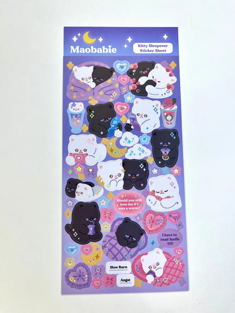 As Maobabie, we present our Sticker Sheet -Kitty Sleepover, crafted with love by our indie artist, Jennie. Printed on matte vinyl paper, this sheet measures 210mmx170mm, making it an ideal size for decorating your phone, laptop, or any other surface. Get ready to experience our cute and soft illustrations, bringing a touch of charm to your everyday items. With Maobabie, it's all about adding a dash of whimsy to your world.

Includes one (1) sticker sheet