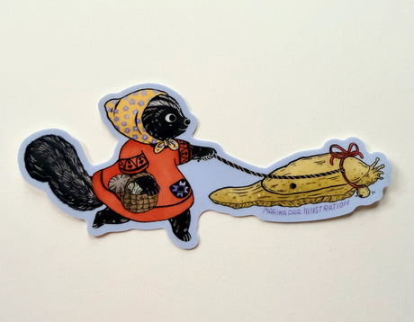 This Skunk and Slug are going for a walk.

This vinyl matte sticker is weather and waterproof-stick it on a notebook, bike, or car- it's going to stick around! Heck, throw it on a water bottle and through the dishwasher. This sticker can go anywhere. Sticker measures 4.74" x 2.75" Printed in USA.