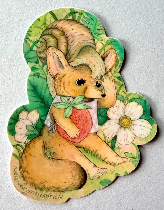 A fox tries to save his strawberry from his friend the snail.

This vinyl matte sticker is weather and waterproof-stick it on a notebook, bike, or car- it's going to stick around! Heck, throw it on a water bottle and through the dishwasher. This sticker can go anywhere. Sticker measures 3.25" x 4.5" Printed in USA.