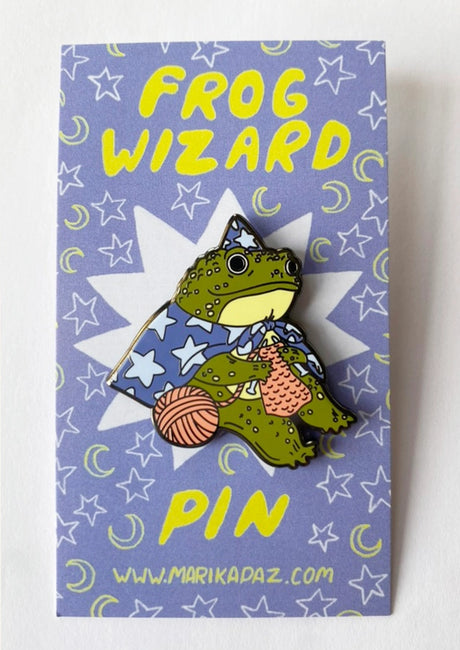 Marika Paz Illustration - Frog Wizard Enamel Pin

A Frog Wizard knits up some spells. This Frog Wizard is a hard enamel pin.

This pin measures approximately 1.50" and features a clasp for easy closure.

The metal outline color is black/gray