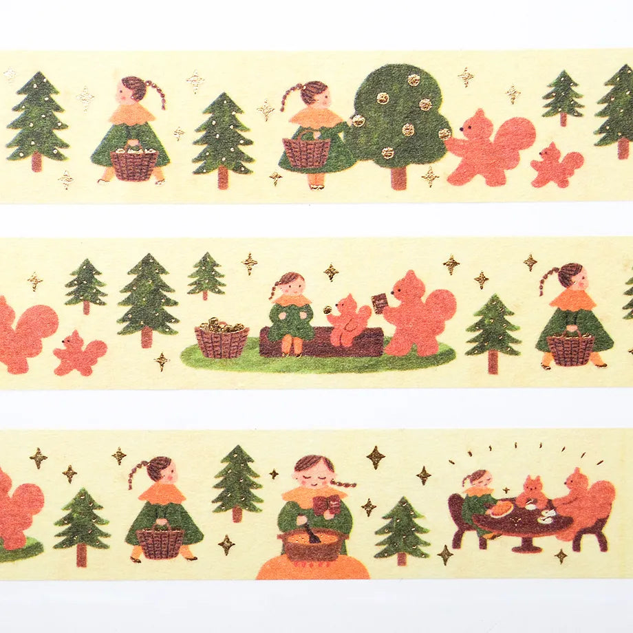 Illustrator Mariko Fukuoka's cute foil-embossed masking tape.
In the forest, a woman and squirrel, are gathering nuts and having a tea party. The sparkling gold foil stamping adds a design accent. Cut short to use as stickers, or as a pop point in wrapping or decoration.


✨ Product Features

Gold foil stamping for a subtle, elegant shine
Perfect for decorating planners, journals, cards, gifts, and scrapbooks
High‑quality Cozyca Products washi tape
Size: 20 mm × 5 m