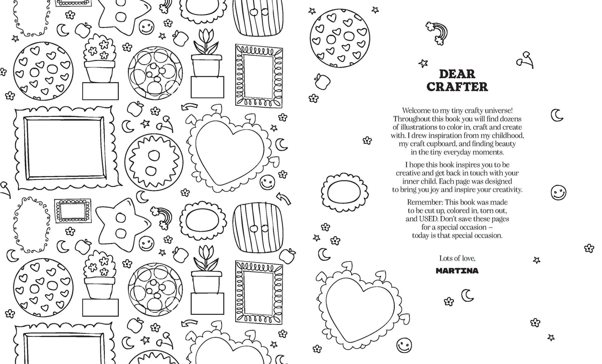 Pick up your coluring pencils, scissors and glue… we're going on a junk journaling adventure!

Embrace your creativity with this coloring book specifically made for scrapbookers by the queen of junk journaling. Martina Calvi has illustrated buttons, envelopes, frames, stamps, flowers, patterns, cut-out templates for foldable boxes, scraps and even postcards, to encourage you to take an offline mindful minute to yourself and play with paper.

Color, rip, cut, fold, stick, enjoy! And remember, don't save thes