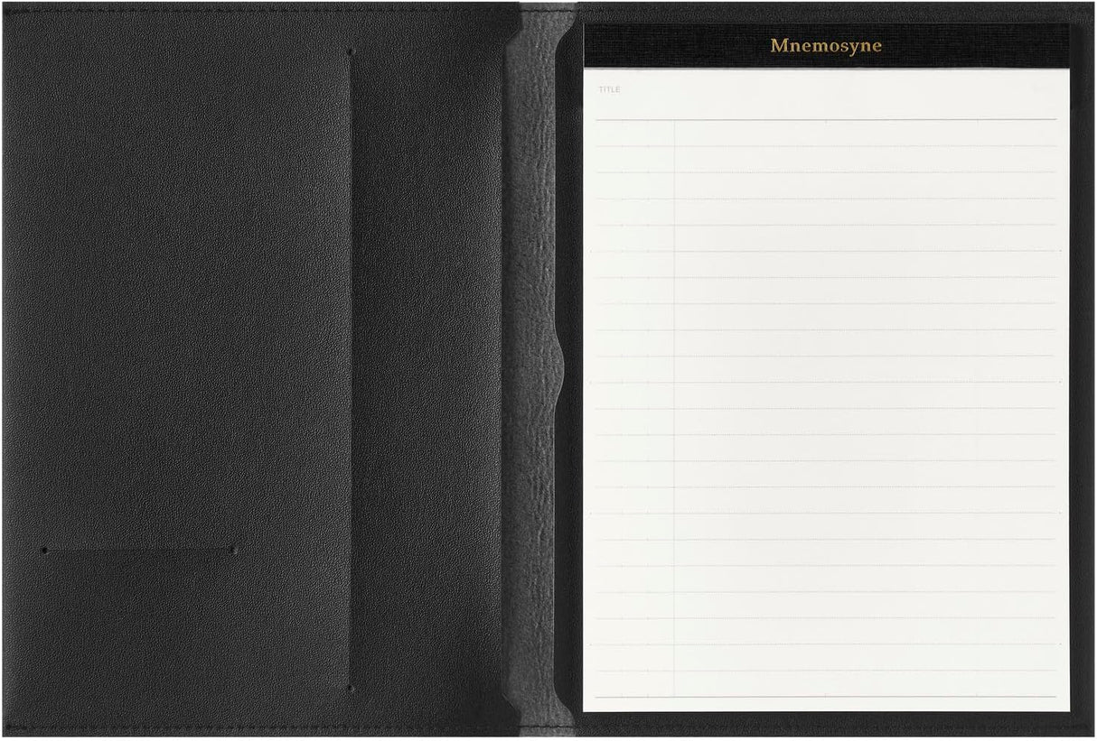 Maruman Mnemosyne A5 Soft Cover Notepad Holder contains a high quality 50 sheet notepad. Made of high quality PVC material, this beautiful black notepad cover is lightweight and slim and fits perfectly in briefcases or backpacks. This is the perfect notepad to write down ideas and plans wherever you are. Durable but soft and flexible protective cover protects the notepad inside.

The notepad is securely placed on the right side of the cover to take notes. The left side pocket is perfect for storing cards or