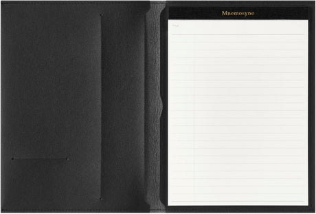 Maruman Mnemosyne A5 Soft Cover Notepad Holder contains a high quality 50 sheet notepad. Made of high quality PVC material, this beautiful black notepad cover is lightweight and slim and fits perfectly in briefcases or backpacks. This is the perfect notepad to write down ideas and plans wherever you are. Durable but soft and flexible protective cover protects the notepad inside.

The notepad is securely placed on the right side of the cover to take notes. The left side pocket is perfect for storing cards or