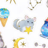 These are transparent stickers with cute relaxed animals and shining gold leaf.
I charmingly depicted the calm atmosphere of a night café and a relaxing chinchilla. Perfect for any journal or planner.



Height 165× Width 90mm
Transparent Stickers

Sticker Gold Foil Stamping Finish

Pattern Backing Card