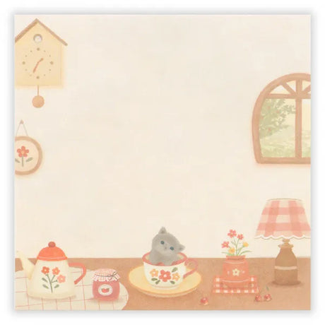 Relaxing Animals Day A note depicting each day of the animals living leisurely.
I drew a kitten relaxing in a warm room lined with teddy bears and pots.
It is a fun design that can be used according to your mood with two pattern assortments.

100 × 100 mm in height and 100 mm
2 patterns
80 Sheets
