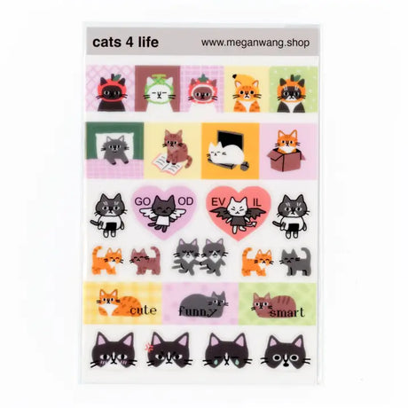 Explore the Cat 4 Life sticker sheet from Megan Wang.

As an illustrator known for her fun cat-themed creations, Megan adds a unique touch to your stationery routine.

This sticker sheet measures approximately 4"x6" and is a clear PET material.&nbsp;

Enhance your journaling with these unique stickers!