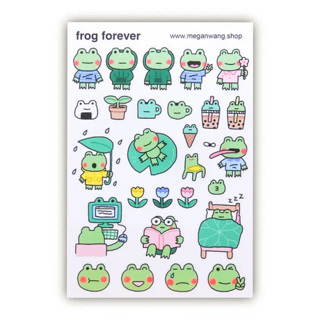 Explore the Frog Forever sticker sheet from Megan Wang.

As an illustrator known for her fun cat-themed creations, Megan adds a unique touch to your stationery routine.

This sticker sheet measures approximately 4"x6" and is a clear PET material.&nbsp;

Enhance your journaling with these unique stickers!