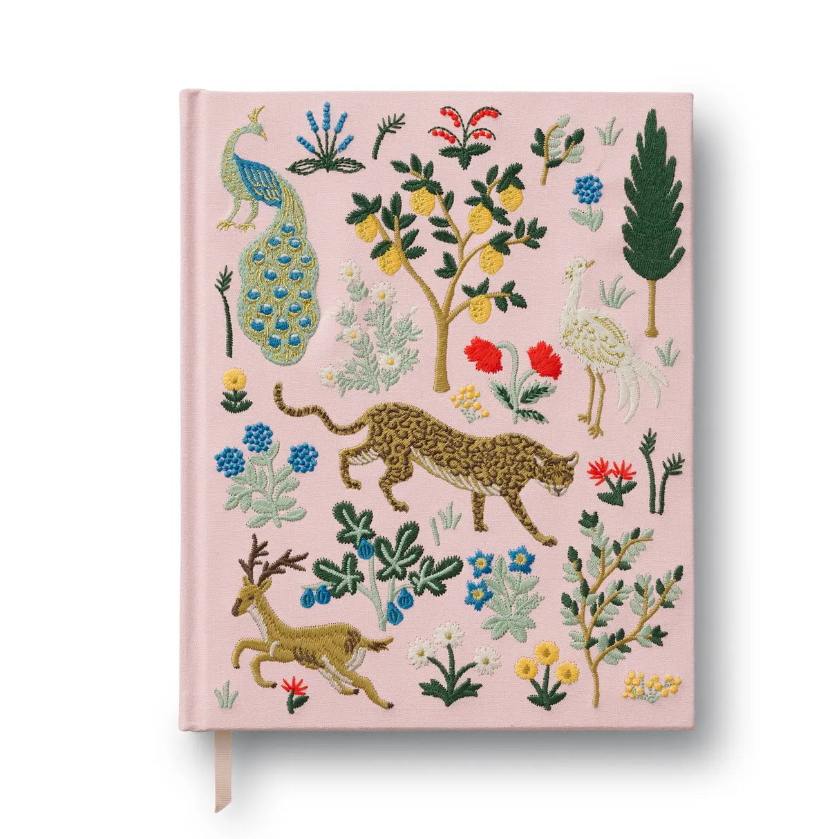 Our embroidered sketchbook is a large, hardcover journal with 108 unlined pages of thick paper perfect for sketching, drawing, and journaling. The cover is wrapped in cream book cloth and embroidered with an enchanted forest scene with metallic gold accents. An attached grosgrain ribbon bookmark will save your place