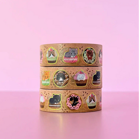 Adorable bakery sweets and cats washi tape, with small details of gold foil. Ideal for journaling, scrapbooking, and craft projects.

Gold Foil Details
One 10-meter long roll of washi tape
15mm wide, 32mm paper core