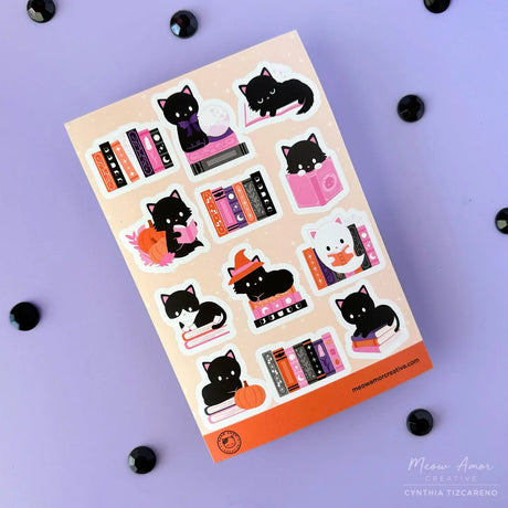 Meow Amor Witchy Book Cats Orange Sticker Sheet