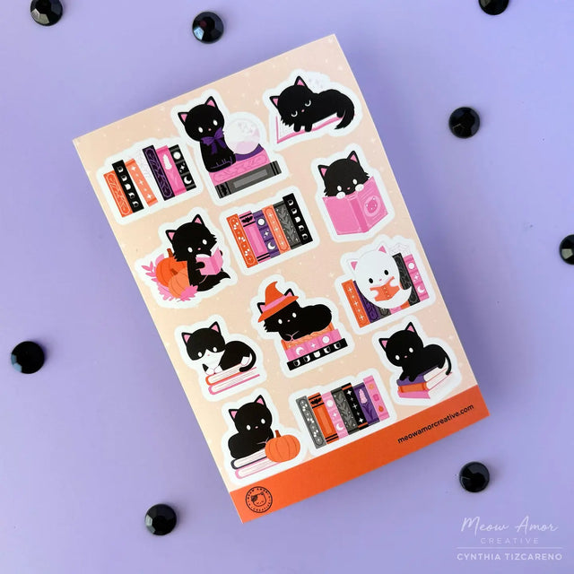 Meow Amor Witchy Book Cats Orange Sticker Sheet