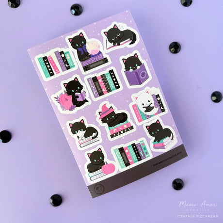 Meow Amor Witchy Book Cats Purple Sticker Sheet