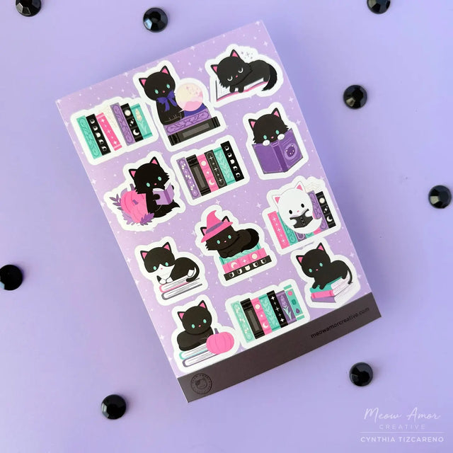 Meow Amor Witchy Book Cats Purple Sticker Sheet