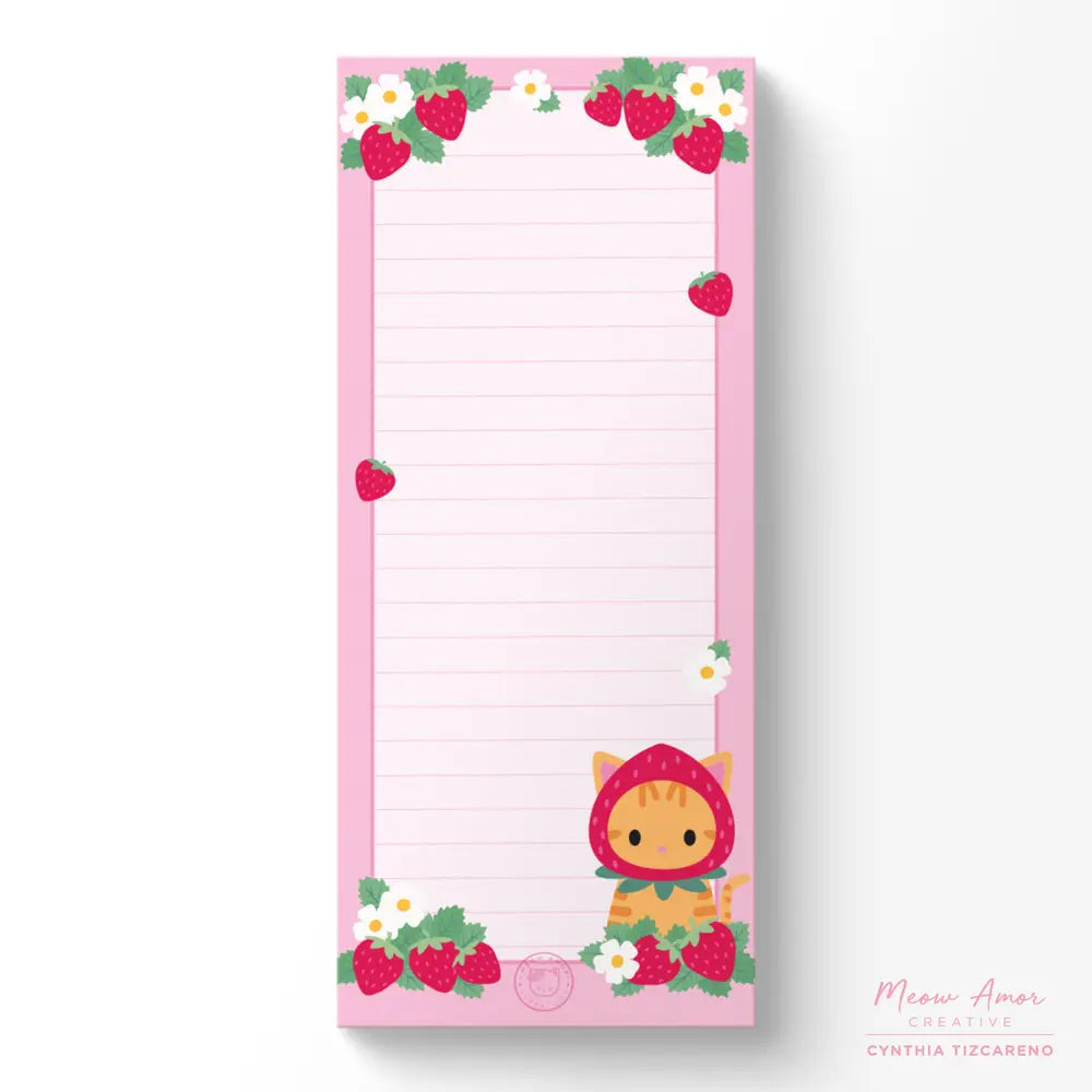Stay organized in style with Strawberry Cat To Do List Notepad! Featuring a strawberry cat, this notepad is both cute and functional. Keep track of your daily tasks with ease and add a touch of whimsy to your workspace.

7in tall x 3in wide
50 pages&nbsp;