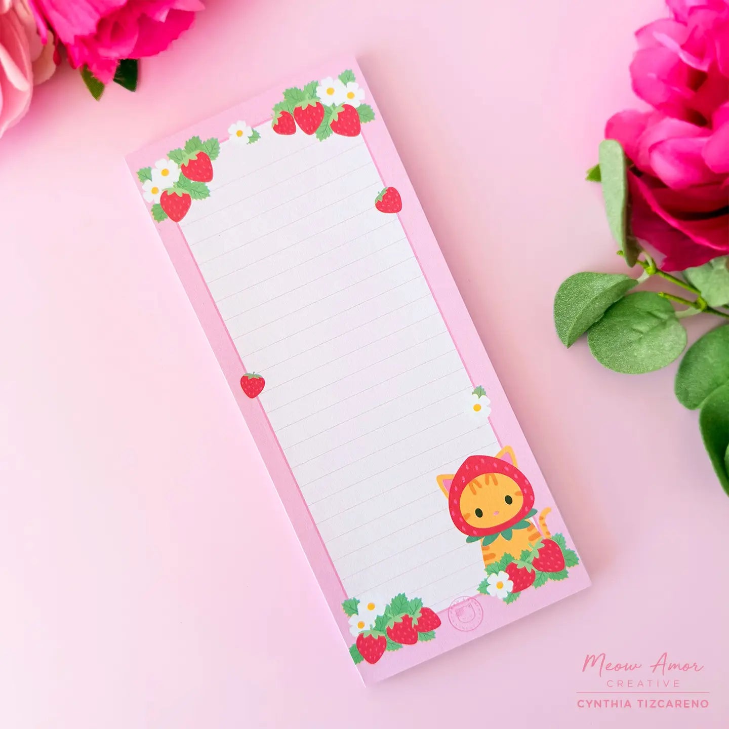 Stay organized in style with Strawberry Cat To Do List Notepad! Featuring a strawberry cat, this notepad is both cute and functional. Keep track of your daily tasks with ease and add a touch of whimsy to your workspace.

7in tall x 3in wide
50 pages&nbsp;