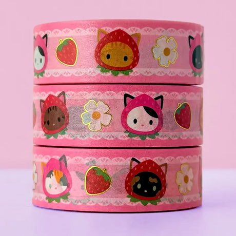 Adorable cats with strawberry hats, with small details of gold foil. Ideal for journaling, scrapbooking, and craft projects.

Gold Foil Details
One&nbsp;10-meter long roll of washi tape
20mm wide, 32mm paper core


Colors might vary just a bit from your screen.