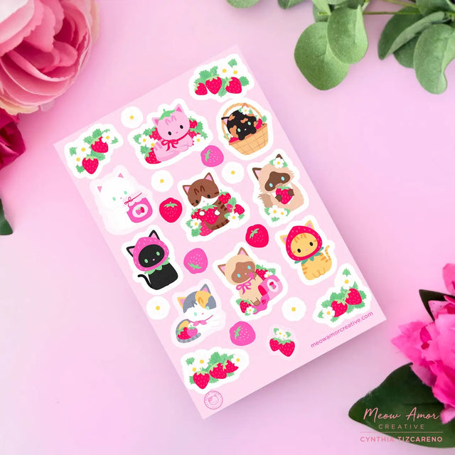 This vinyl sticker sheet features cats and strawberries. Brighten up your belongings with these sweet, durable stickers that stick to laptops, water bottles, journals, and more.

4x6 Sheet
Vinyl Sticker
Colors might vary just a bit from your screen.