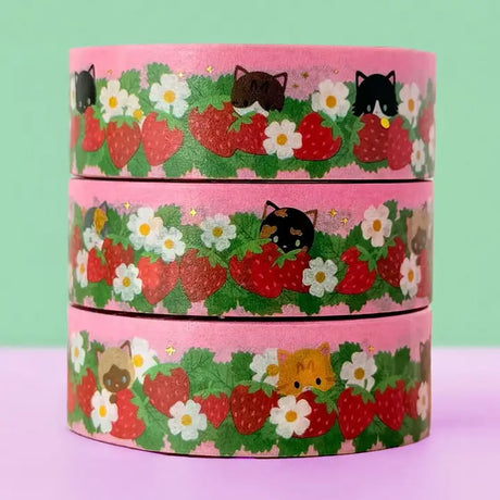 Adorable cats in strawberry field, with small details of gold foil. Ideal for journaling, scrapbooking, and craft projects.

Gold Foil Details
One&nbsp;10-meter long roll of washi tape
20mm wide, 32mm paper core


Colors might vary just a bit from your screen.