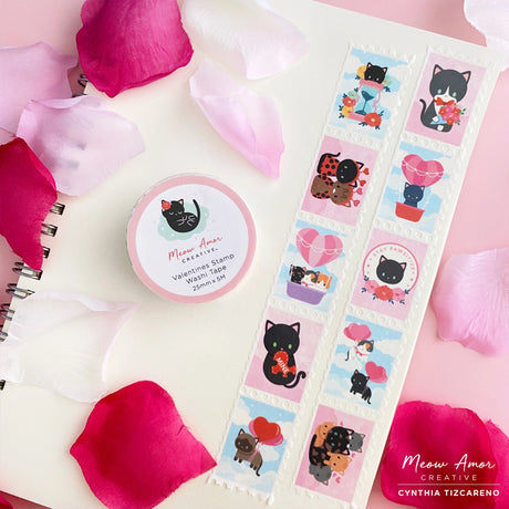 Featured Valentines Day Theme stamp washi tape features 10 different illustrations! These are so cute to decorate your bullet journal, envelopes, and more!

One 5-meter long roll of washi tape
25mm wide,
32mm&nbsp;paper core