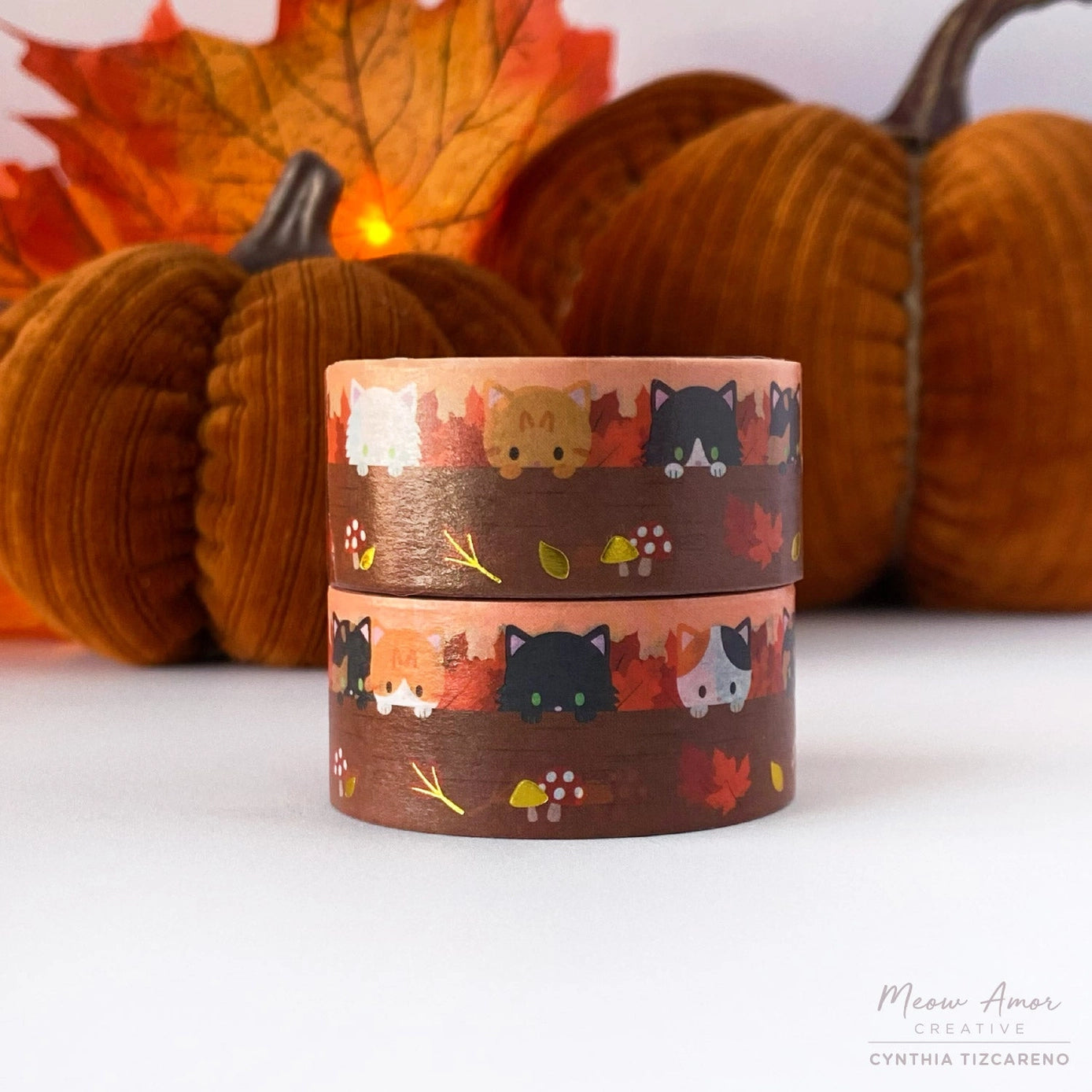 Meow Amor Creative Autumn Woodland Cats Gold Foil Washi Tape