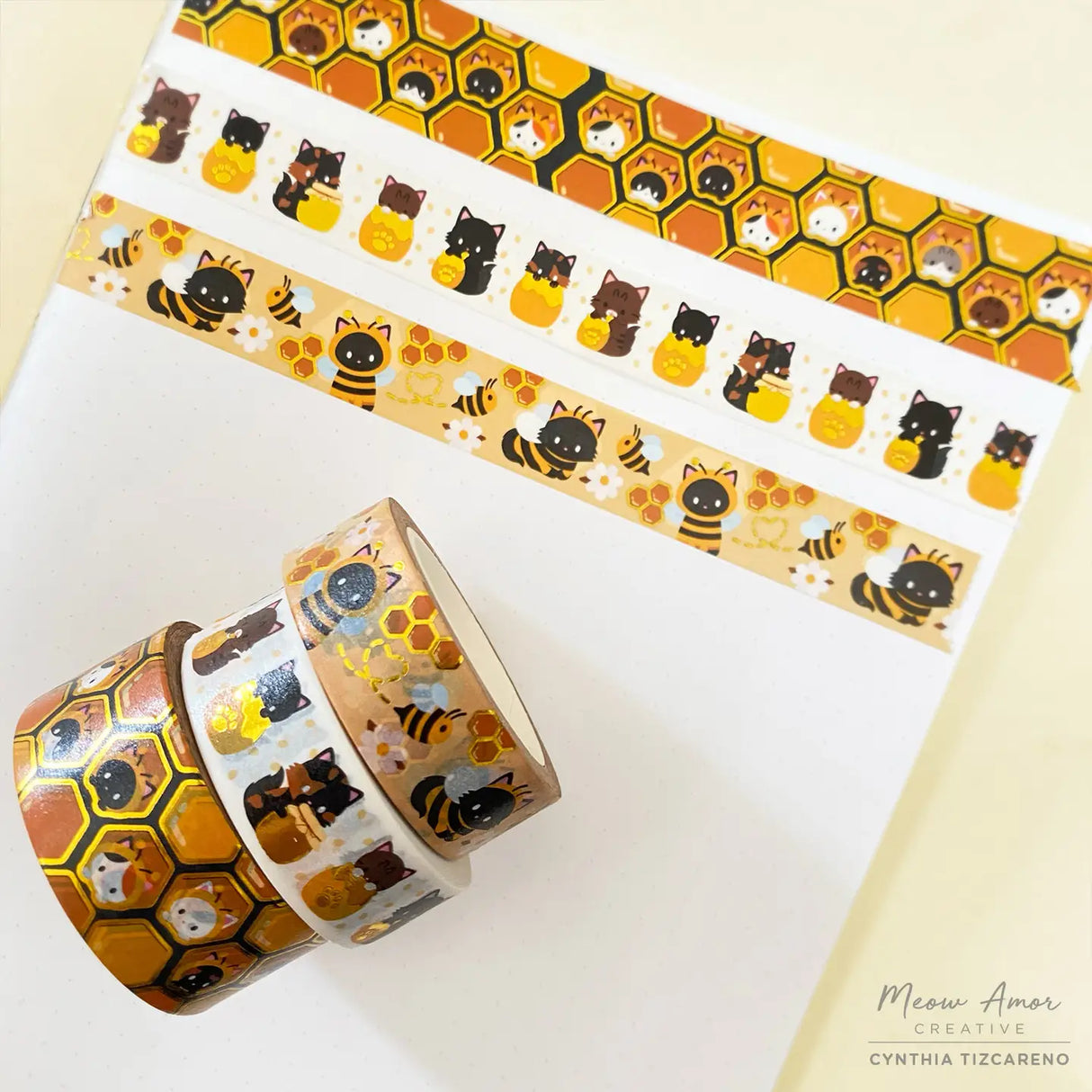 Meow Amor Creative Bee Cats Gold Foil Washi Tape
