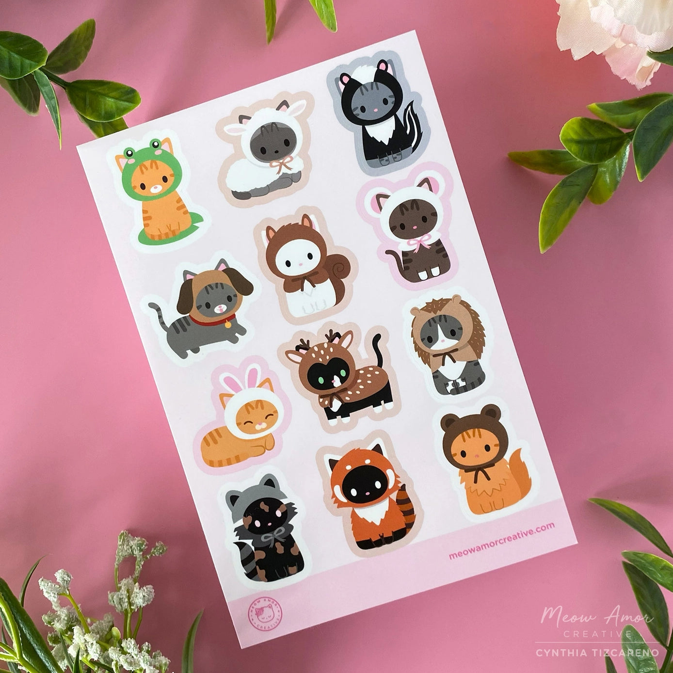 Meow Amor Creative Cats in Animal Suits Pink Vinyl Sticker Sheet
