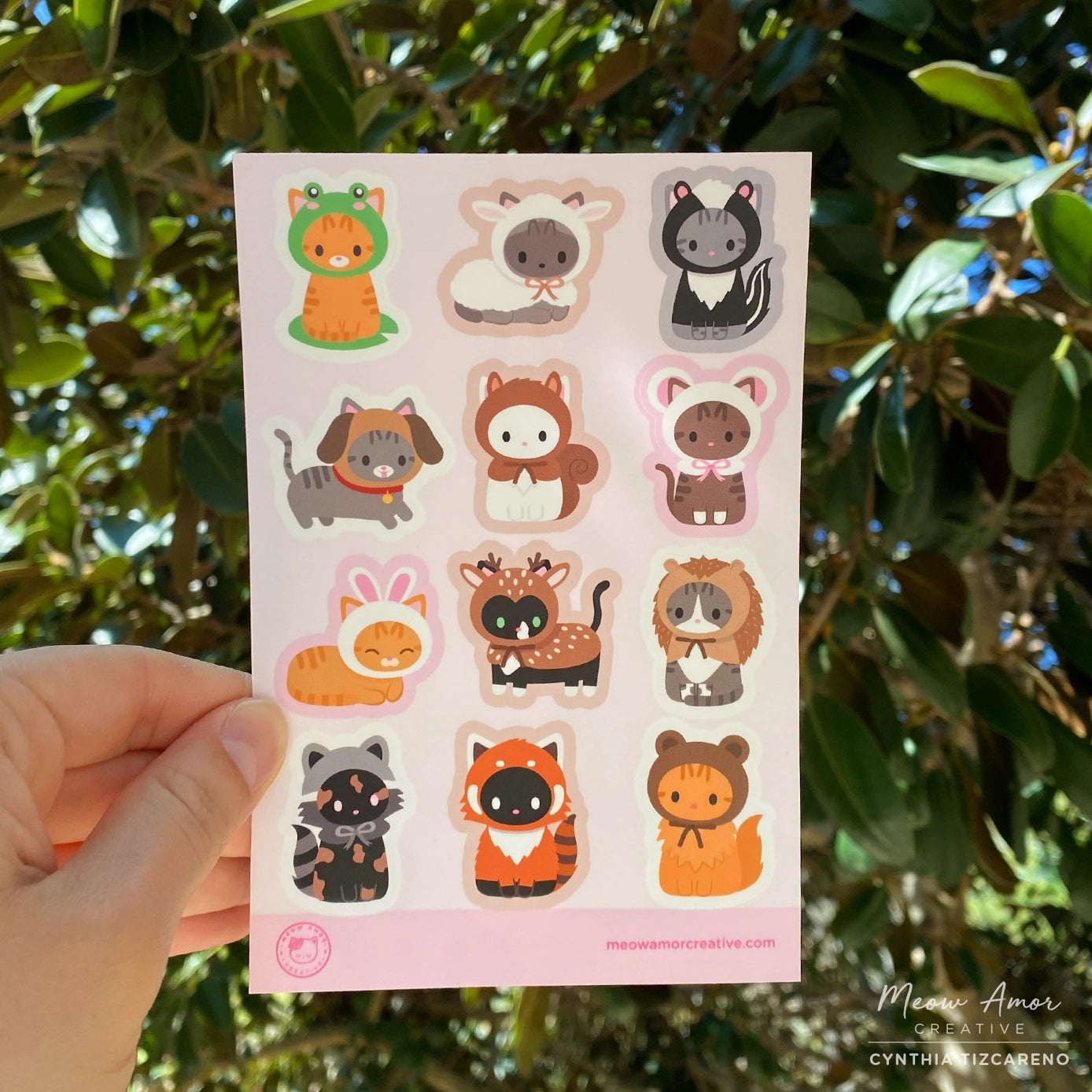 Meow Amor Creative Cats in Animal Suits Pink Vinyl Sticker Sheet