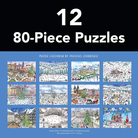 Award-winning designer, illustrator, and creative director Michael Storrings captures the spirit of the holiday season all over the world with twelve illustrations; one each on twelve 80-piece puzzles. One puzzle a day for the 12 days of Christmas. Galison puzzles are packaged in matte-finish sturdy boxes, perfect for gifting, reuse, and storage. Inserts of the 12 full puzzle image is included.

Box Size: 11.25 x 8.25 x 5.25”, 286 x 210 x 133 mm
Twelve 80 Piece Puzzles; 5 x 7”, 127 x 178 mm
Includes 12 Puzz