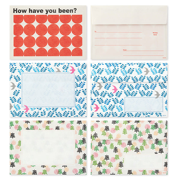 A letter set featuring 10 types of standard-sized envelopes filled with 'rough' textures. This letter set contains envelopes designed to evoke the wrappers and packages of cute shops you encounter while traveling. Each of 10 types of standard (postcard-sized) horizontal envelopes that can be sent as standard mail is included.