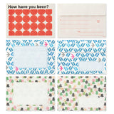 A letter set featuring 10 types of standard-sized envelopes filled with 'rough' textures. This letter set contains envelopes designed to evoke the wrappers and packages of cute shops you encounter while traveling. Each of 10 types of standard (postcard-sized) horizontal envelopes that can be sent as standard mail is included.