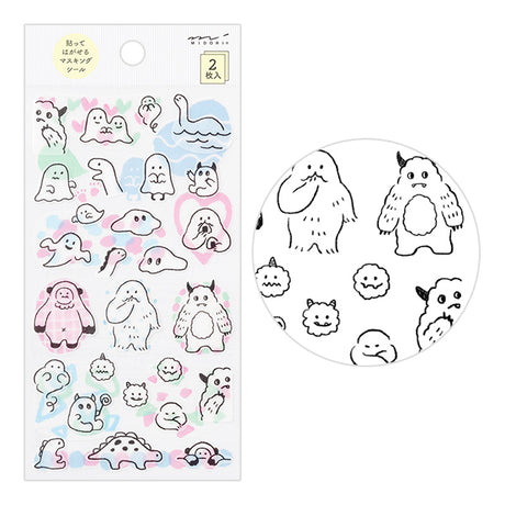 The "monster pattern" is a collection of illustrations inspired by UMA, such as slime, yeti, Bigfoot, and Nessie with a loose touch.



A wide variety of sticker designs to use with your notebook

These peel-and-stick washi stickers will make your daily records more fun. Simply stick them freely on the margins of your notebook to create a gorgeous page. It comes in a set of two stickers, each with a different design. It is a masking sticker type, so you can easily reapply it after applying it.
