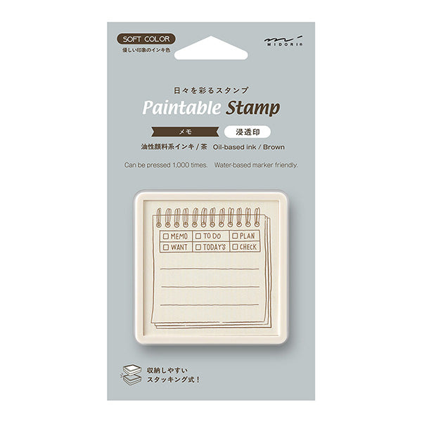 Midori - Pre-inked Stamp Soft Color Memo Pattern



&nbsp;This is a brown ink (soft color type) that blends well with the colors and decorations of writing instruments. By checking the Memo Pattern section, you can switch between six purposes: MEMO, TODO, PLAN, WANT, TODAY'S, and CHECK. Since it uses oil-based ink, it won't bleed even when you paint over the stamp with a water-based marker. You can stamp it on notebooks, diaries, or sticky notes, color it to your liking, and enjoy decorating it yourself.

S