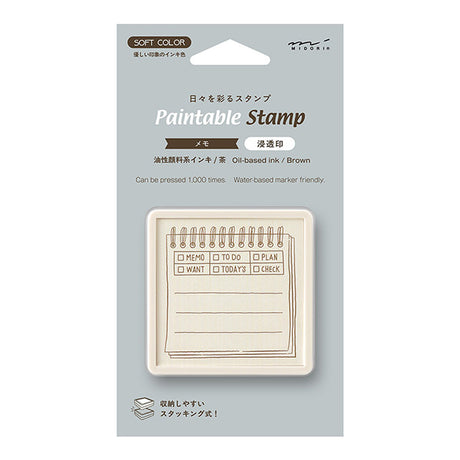 Midori - Pre-inked Stamp Soft Color Memo Pattern



&nbsp;This is a brown ink (soft color type) that blends well with the colors and decorations of writing instruments. By checking the Memo Pattern section, you can switch between six purposes: MEMO, TODO, PLAN, WANT, TODAY'S, and CHECK. Since it uses oil-based ink, it won't bleed even when you paint over the stamp with a water-based marker. You can stamp it on notebooks, diaries, or sticky notes, color it to your liking, and enjoy decorating it yourself.

S
