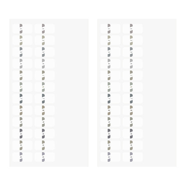 Midori Chiratto Index Tab will bring some muted gray to your planner's indexing. Thanks to its removable adhesive, the sticker can be removed easily and cleanly. You can use the numbers from 1 to 12 to mark the months of your planner.

One pack contains 4 sets of 12 numbered index tabs (48 index tabs in total).
