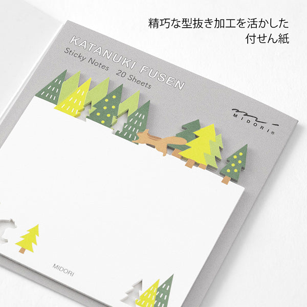 The "forest pattern" depicts the trees with squirrels and bears hidden within the forest. It has a simple and easy-to-write design. If you peek out the die-cut part from a notebook or notebook, you can even use it like a bookmark.&nbsp;

The bottom of the sticker is glued, and when attached, the top floats slightly. The glue part is cut out as little as possible to prevent tearing when flipped.

Includes 20 notes in each package