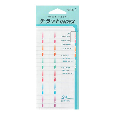Midori Chiratto Index Tab will bring some vibrant colours to your planner's indexing. Thanks to its removable adhesive, the sticker can be removed easily and cleanly.

One pack contains 2 sets of 12 colour-coded index tabs (24 index tabs in total). You can use them to mark any important pages in your notes or planners.