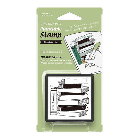 Midori Pre-inked Stamp- Reading List

This is an ink-penetrating stamp that can beautifully print even fine patterns, and can be painted over or used to write records or messages. It is a stacking type that can be stored by stacking. It is a square shape that is easy to press, and can be pressed approximately 1,000 times.&nbsp;