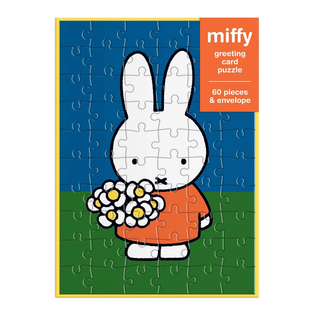 Discover the charm of Miffy, Dick Bruna's iconic character beloved by generations worldwide. Created in 1955 from bedtime stories told during a vacation in the Netherlands, Miffy has become a global icon. Send a puzzle in the mail to someone you love with the Miffy with Flowers Greeting Card Puzzle. Simply write your note on the back of the assembled puzzle, break apart the pieces, and seal the envelop before mailing to your loved one! Only 60 pieces and perfect for Miffy enthusiasts of all ages, it deliver
