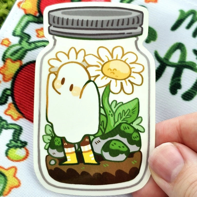 Daisies and a ghost in a mason jar on translucent sticker film!

This cute sticker is perfect for decorating your laptop, phone case, or skateboard, and including in your sticker book!