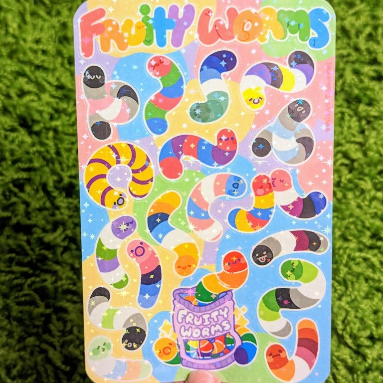 ❤ Fruity Worms Sparkly Pride Sticker Sheet ❤

♡ These worms are perfect for decorating your sketchbook cover, laptop, phone case, skateboard, and more!