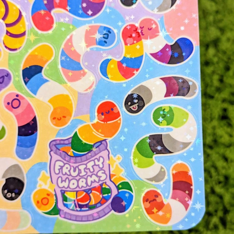 ❤ Fruity Worms Sparkly Pride Sticker Sheet ❤

♡ These worms are perfect for decorating your sketchbook cover, laptop, phone case, skateboard, and more!