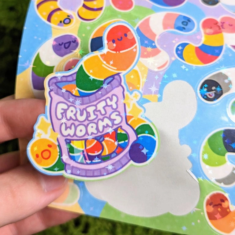 ❤ Fruity Worms Sparkly Pride Sticker Sheet ❤

♡ These worms are perfect for decorating your sketchbook cover, laptop, phone case, skateboard, and more!