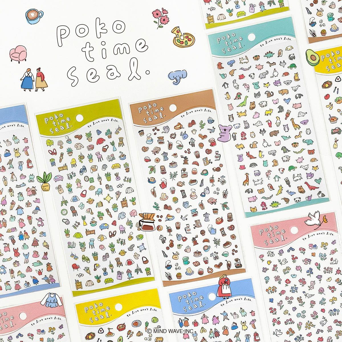 Collection of colorful sticker sheets with various designs on a white background, featuring the brand 'poko time seal'.
